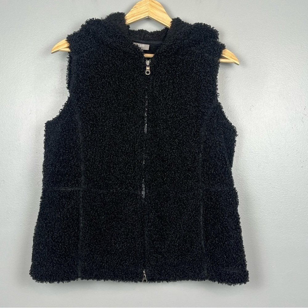 J.Jill black full zip teddy fleece hooded vest, medium.